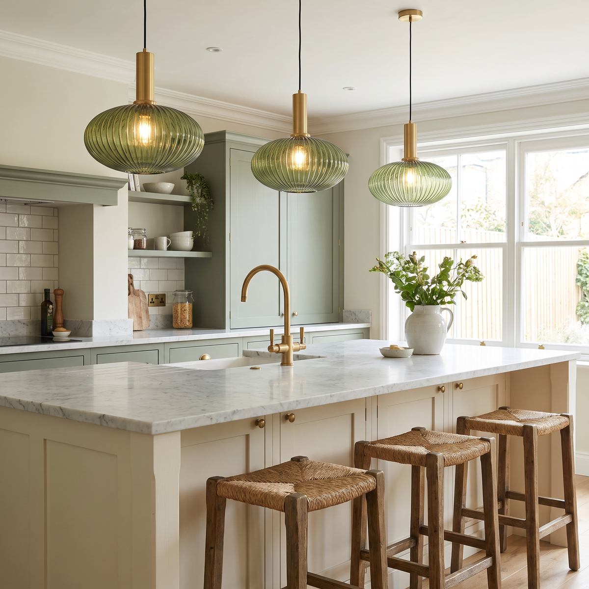Three Fenwick green ribbed glass pendants hung over a cream kitchen island