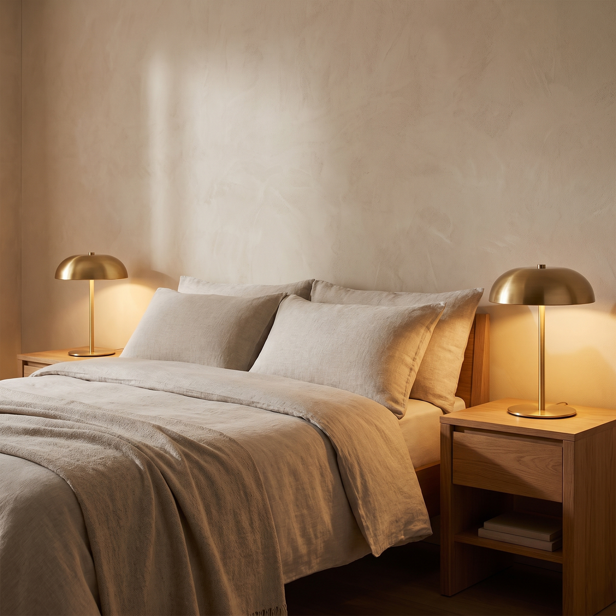 A pair of Wren cordless mushroom lamps on bedside tables either side of a bed