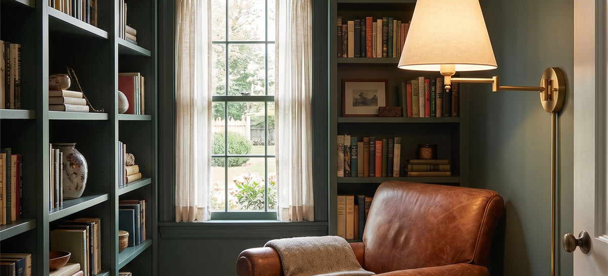 Hatton brass swing arm wall light with a linen shade above a leather armchair in a green library