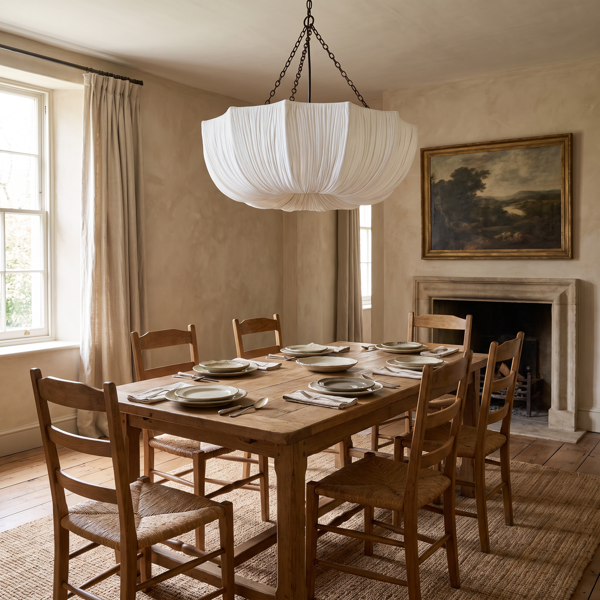 Pleated fabric chandelier above a dining table