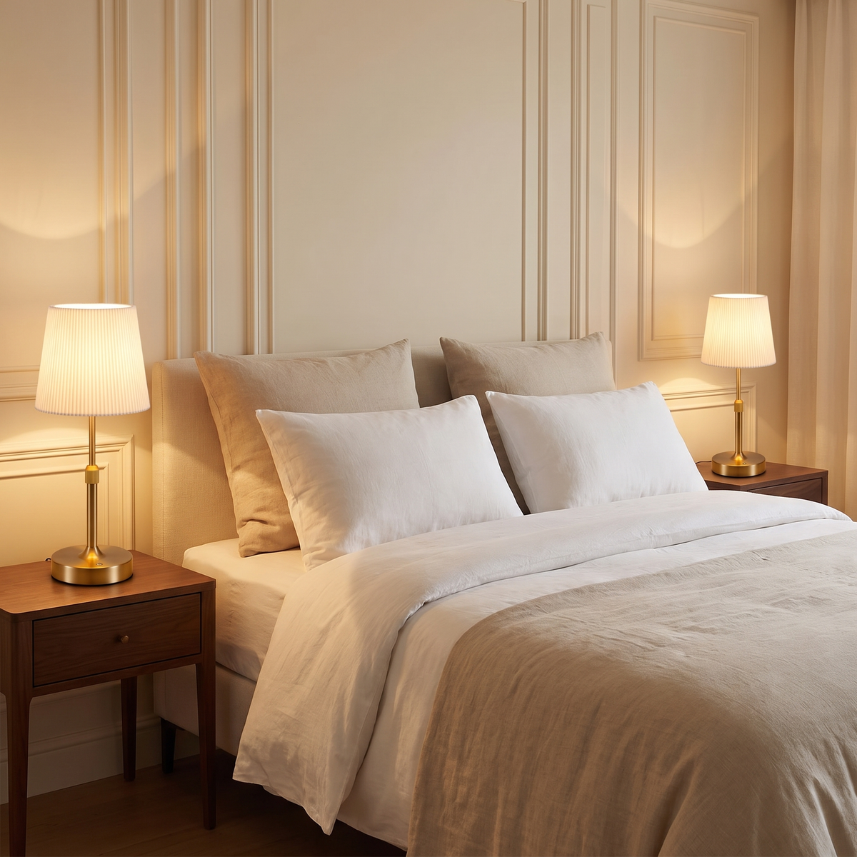 A pair of cordless table lamps either side of a bed