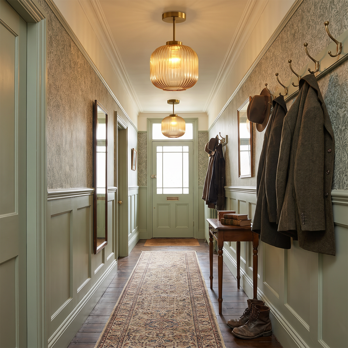 Ribbed glass semi flush ceiling lights along a panelled hallway