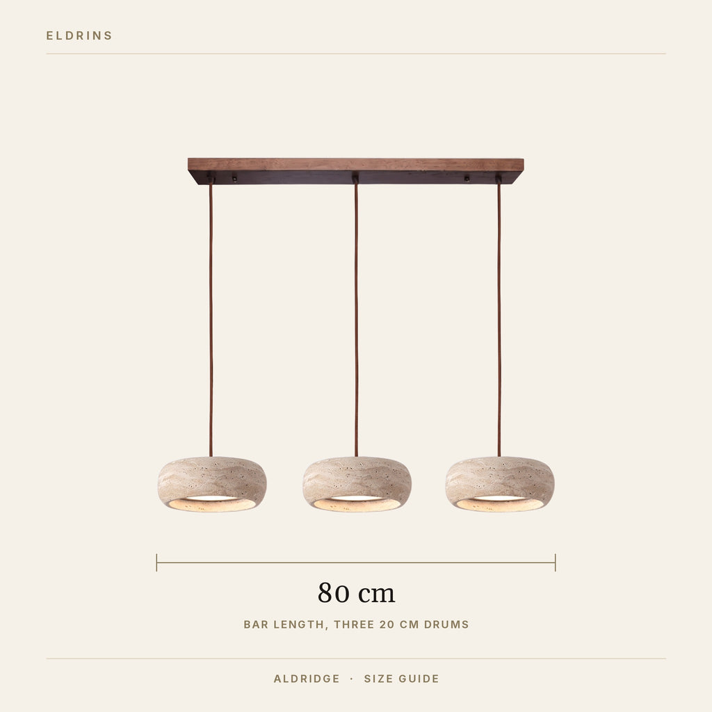 Aldridge size guide, 80 cm bar with three 20 cm drums