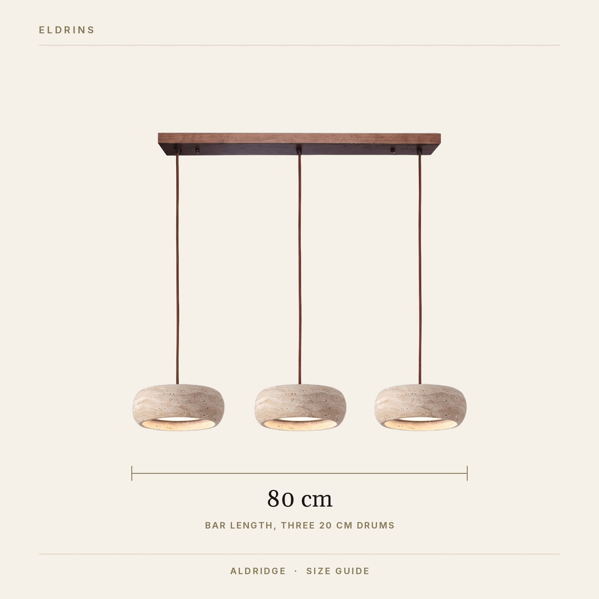 Aldridge size guide, 80 cm bar with three 20 cm drums