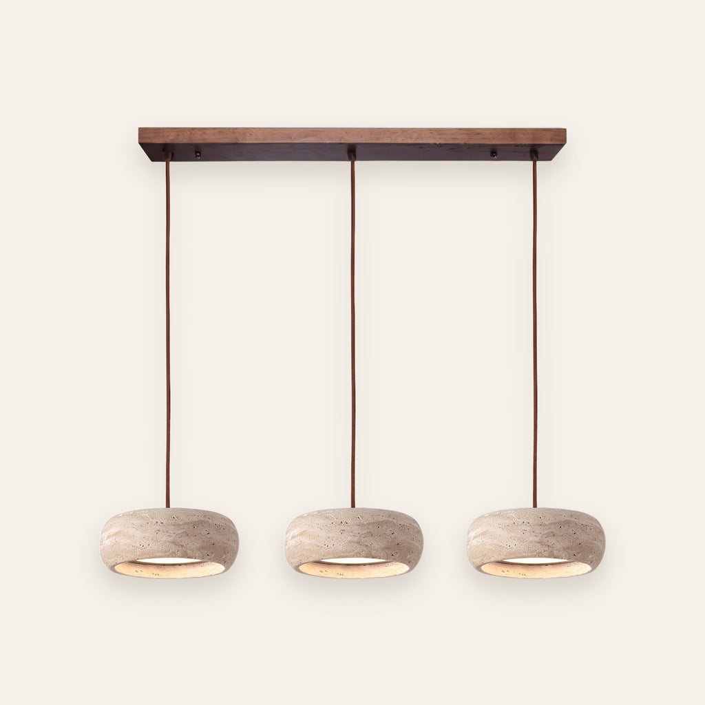 Aldridge travertine 3 light island pendant with walnut bar, cream background