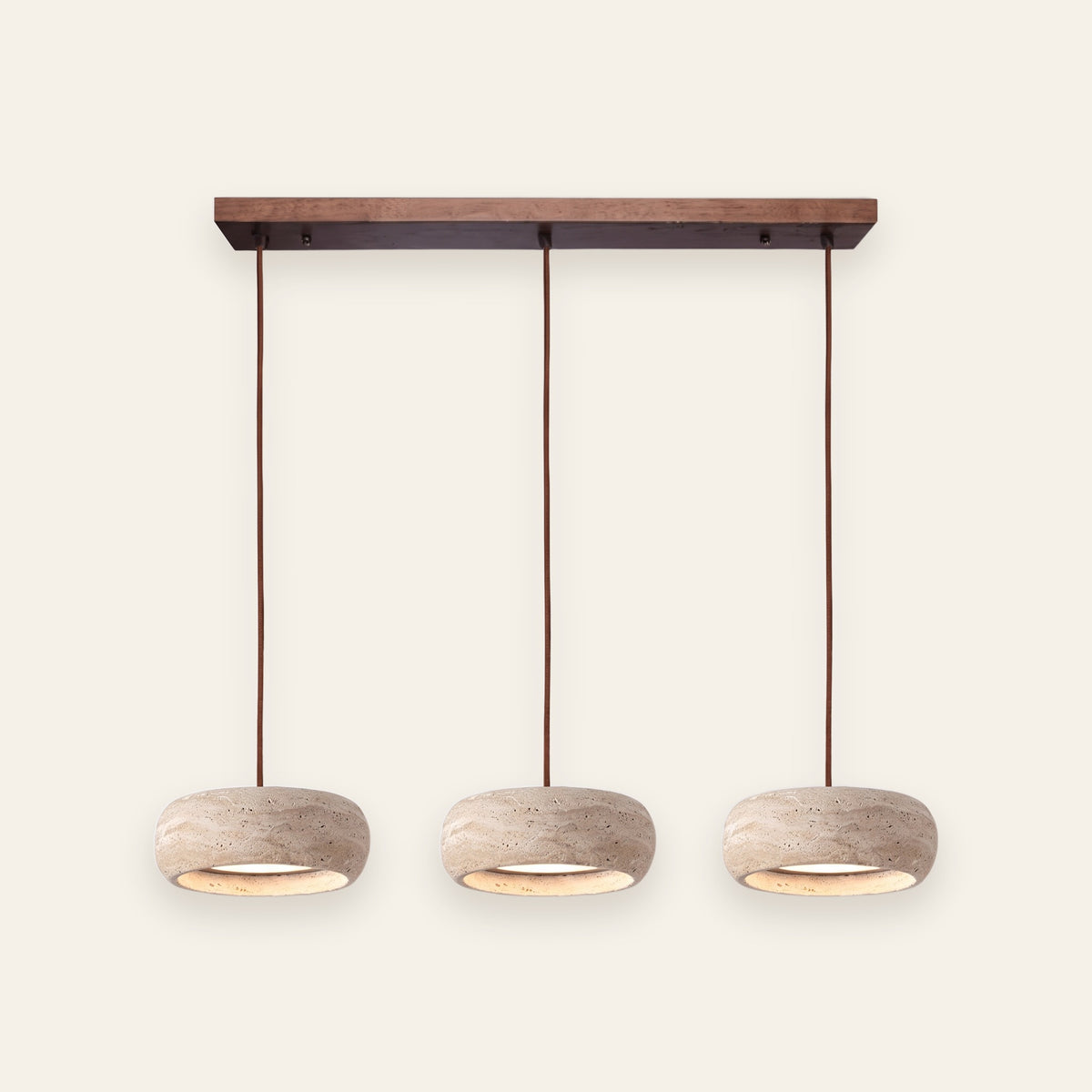 Aldridge travertine 3 light island pendant with walnut bar, cream background
