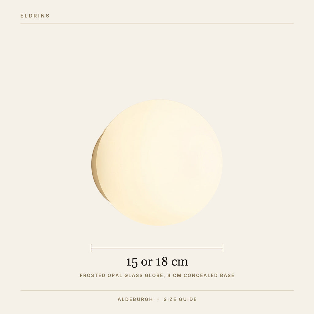 Aldeburgh wall light size guide, 15 cm or 18 cm frosted glass globe
