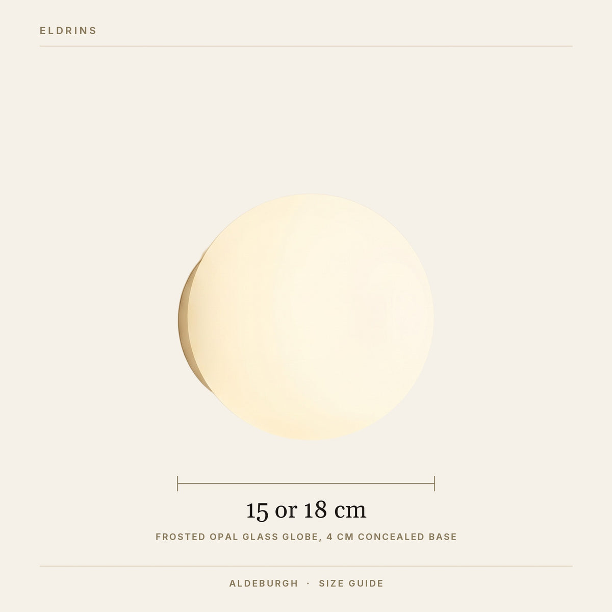 Aldeburgh wall light size guide, 15 cm or 18 cm frosted glass globe