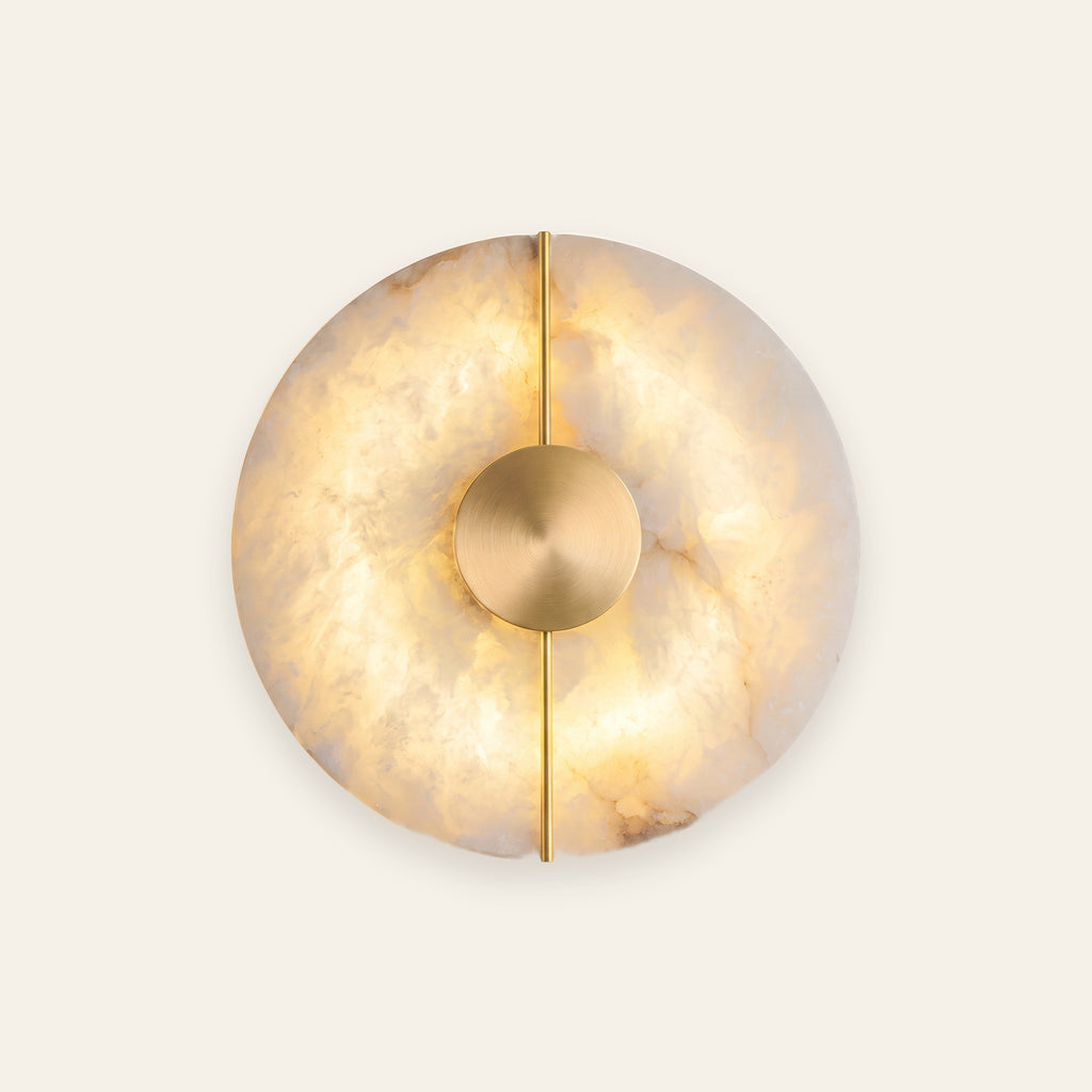 Avebury natural alabaster wall light glowing, cream background