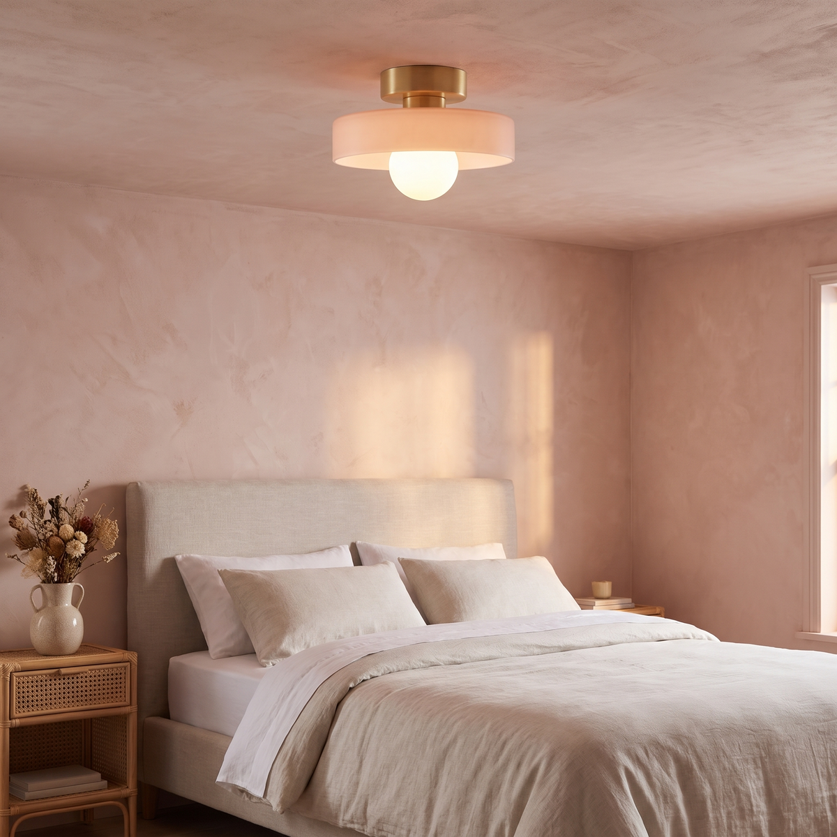 Blush Bawdsey flush ceiling light glowing in a pink plaster bedroom
