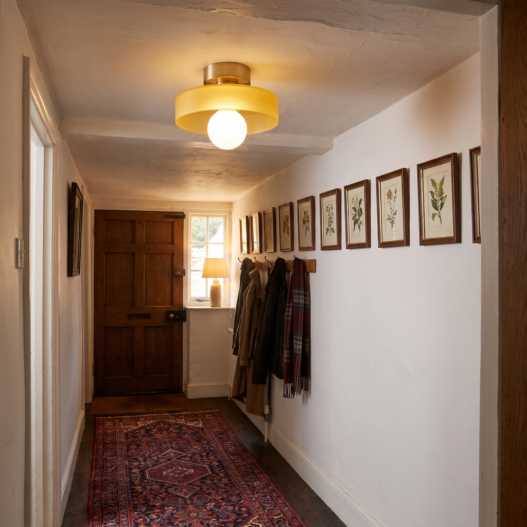 Honey Bawdsey flush ceiling light lit on the low ceiling of a cottage hallway