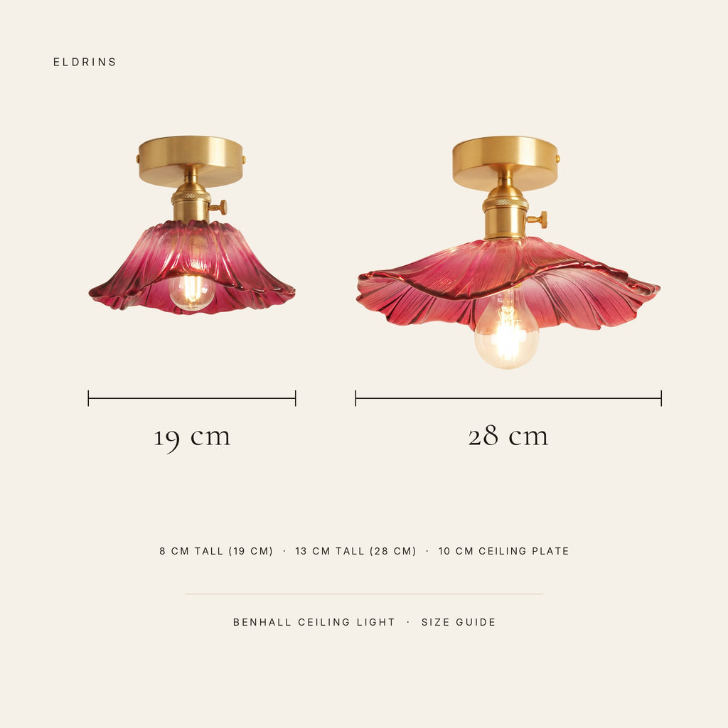 Benhall ceiling light size guide: 19 cm or 28 cm wide, 8 or 13 cm tall, 10 cm ceiling plate