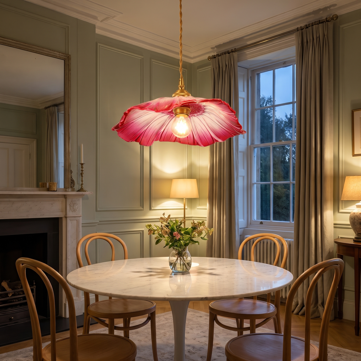 A wide raspberry Benhall pendant lit over a round marble dining table