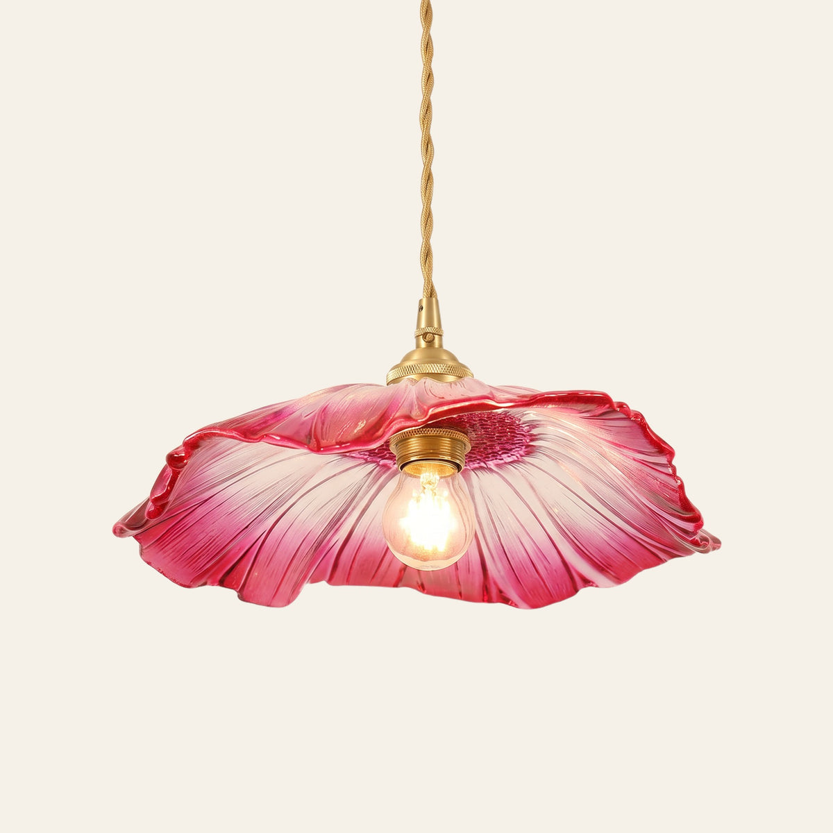 Benhall 28 cm sunflower glass pendant light in raspberry pink glass with paler pink rays, cream background