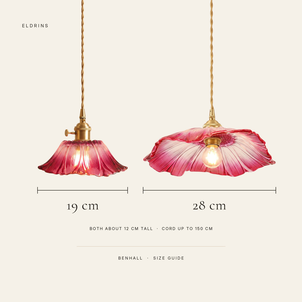 Benhall size guide: 19 cm or 28 cm wide, both about 12 cm tall, cord up to 150 cm