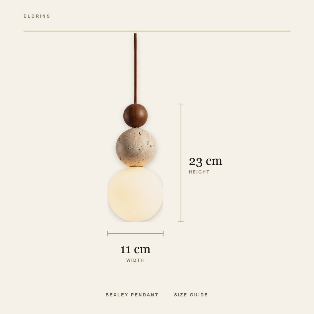 Bexley pendant size guide, 11 cm wide, 23 cm tall