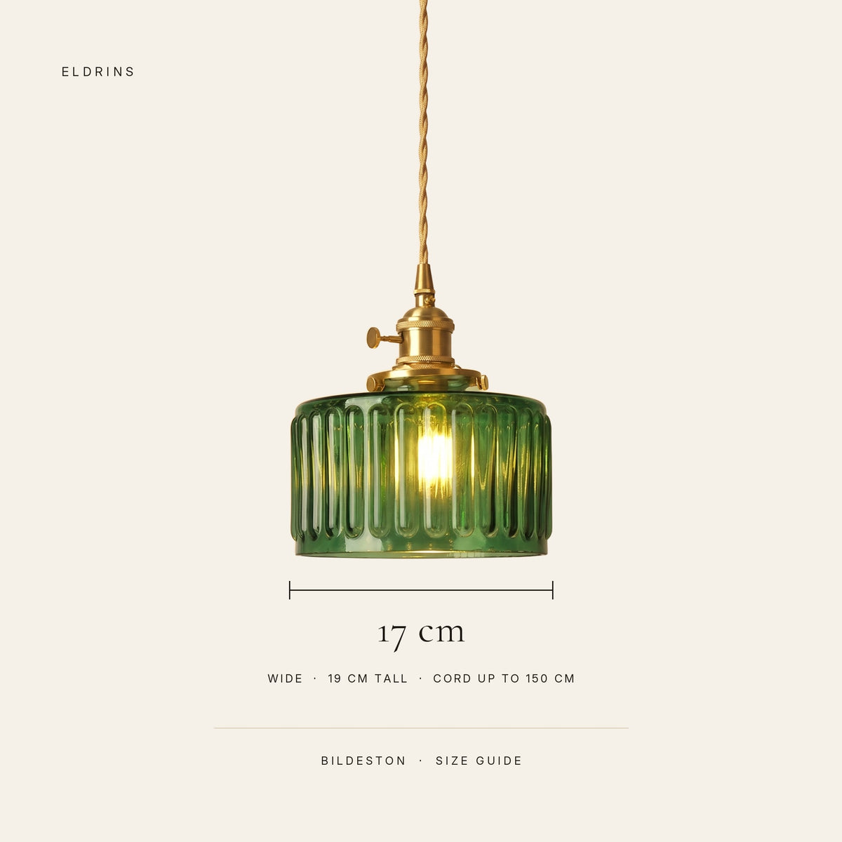Bildeston size guide: 17 cm wide ribbed glass drum, 19 cm tall with the holder, cord up to 150 cm