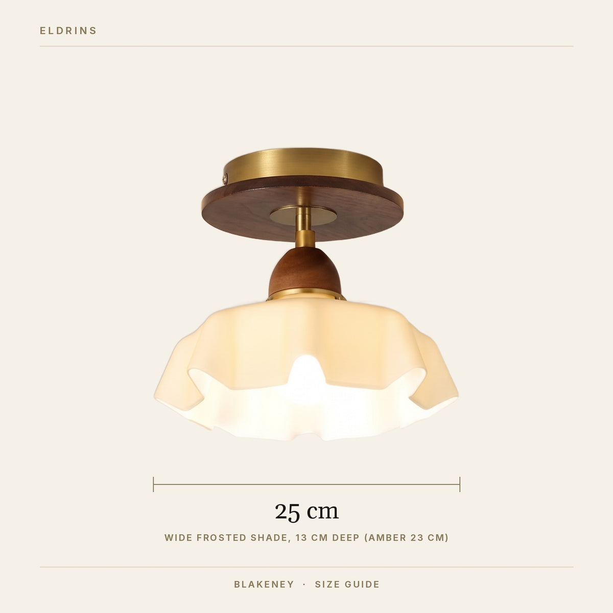 Blakeney ceiling light size guide, frosted 25 cm wide, amber 23 cm wide