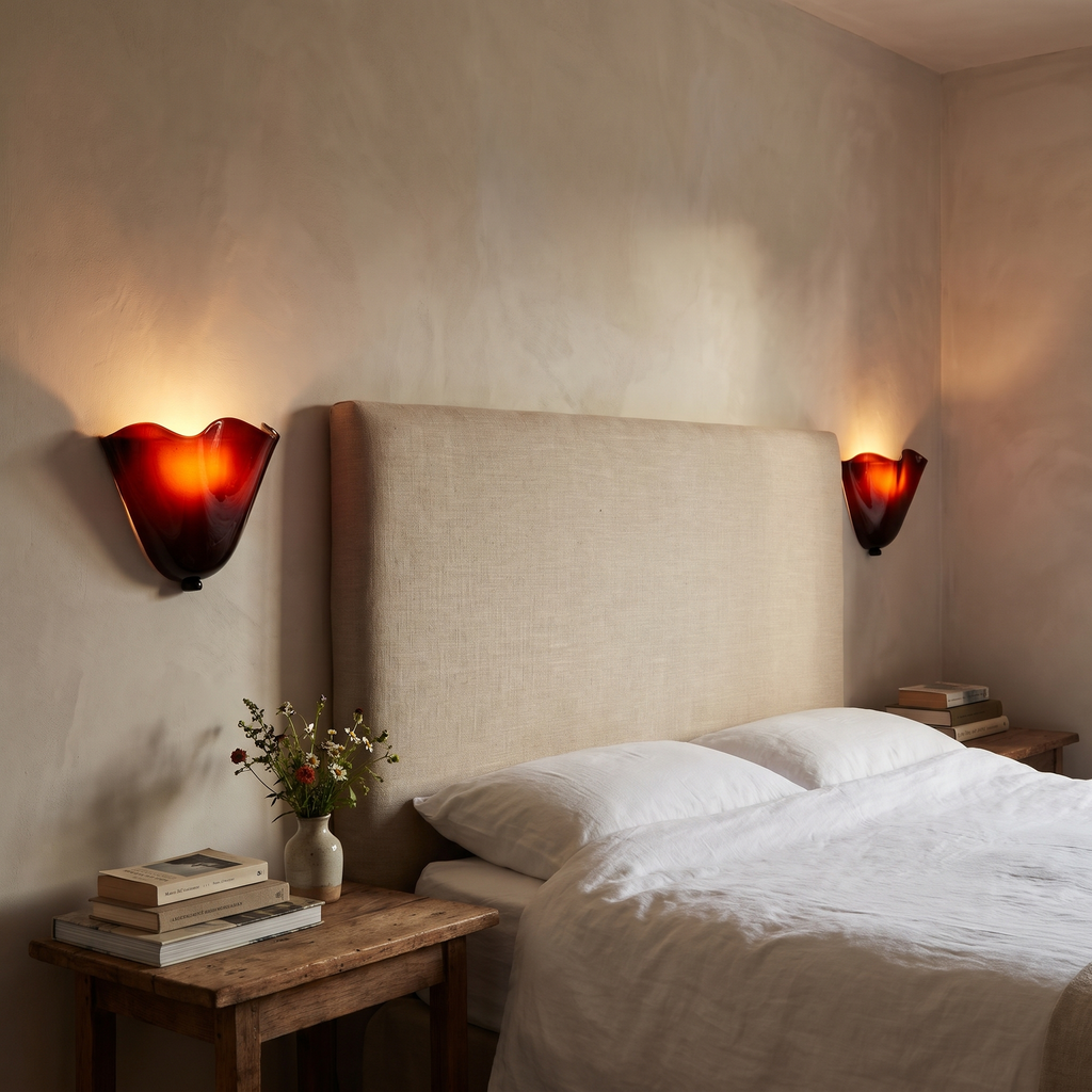 A pair of lit garnet Blythburgh wall lights either side of a linen headboard in a calm bedroom