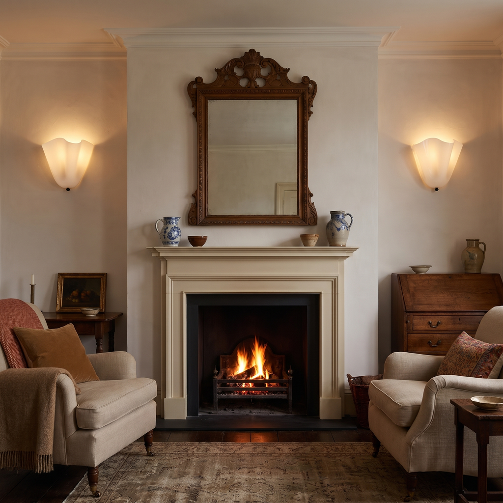 A pair of lit opal Blythburgh wall lights either side of a mirror above a fireplace in a sitting room