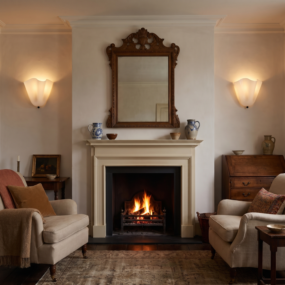 A pair of lit opal Blythburgh wall lights either side of a mirror above a fireplace in a sitting room
