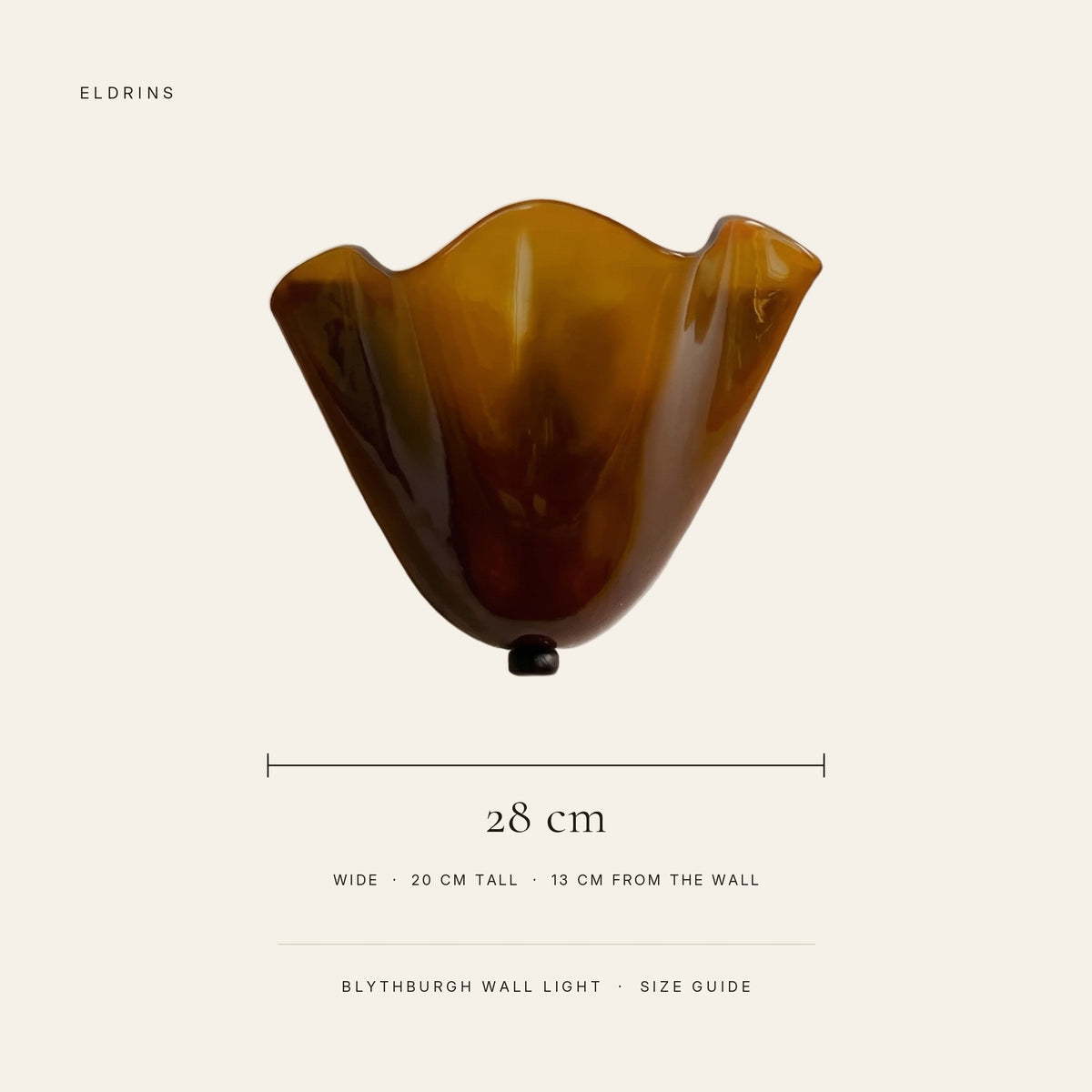 Blythburgh wall light size guide: 28 cm wide, 20 cm tall, 13 cm from the wall
