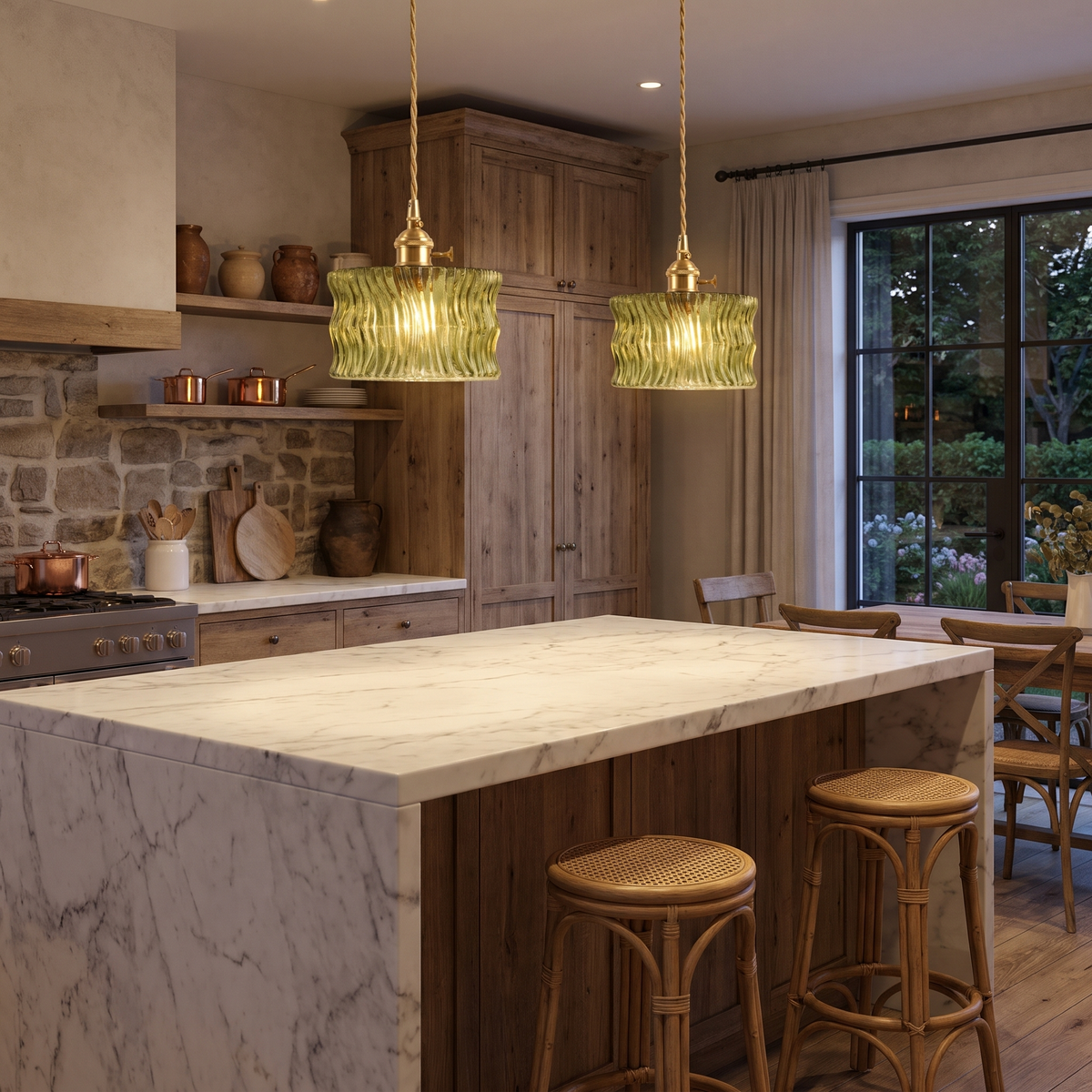 Two green Boxford wavy ribbed glass pendants lit over a kitchen island