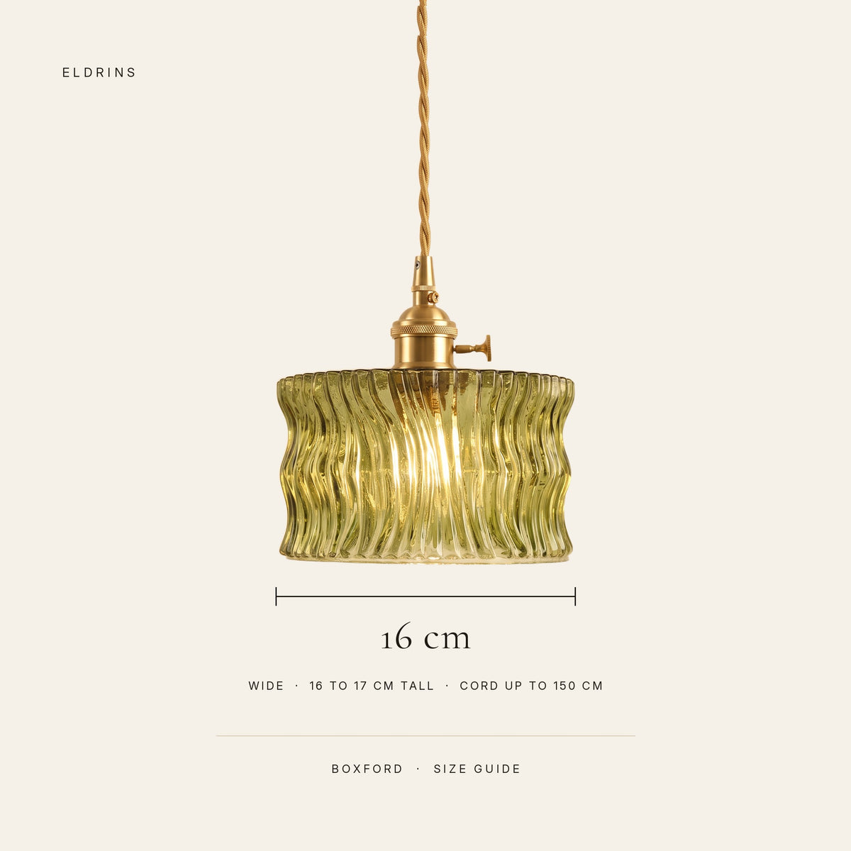 Boxford size guide: 16 cm wide wavy ribbed glass cylinder, 16 to 17 cm tall with the holder, cord up to 150 cm