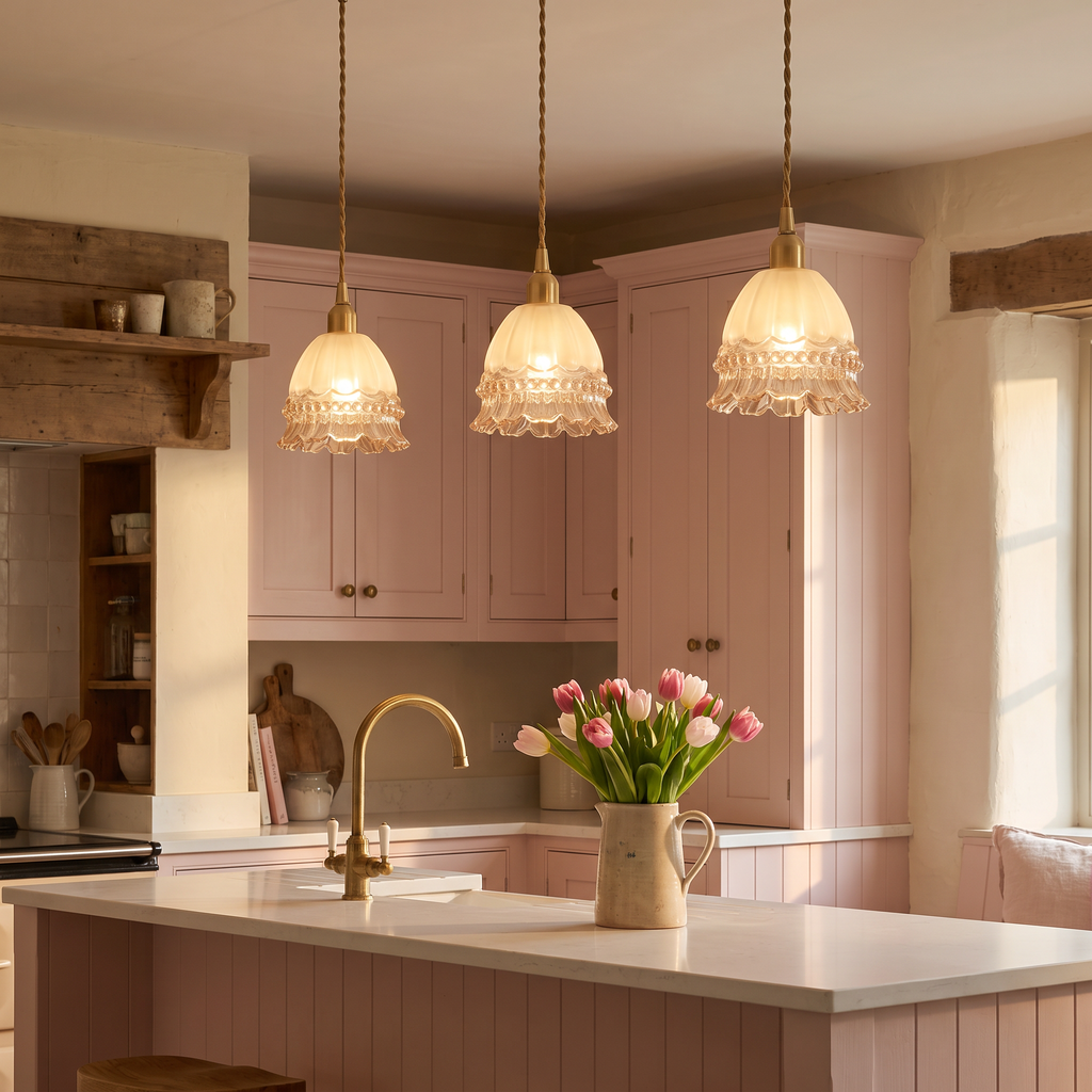 Three lit Bramfield glass bell pendants over a kitchen island
