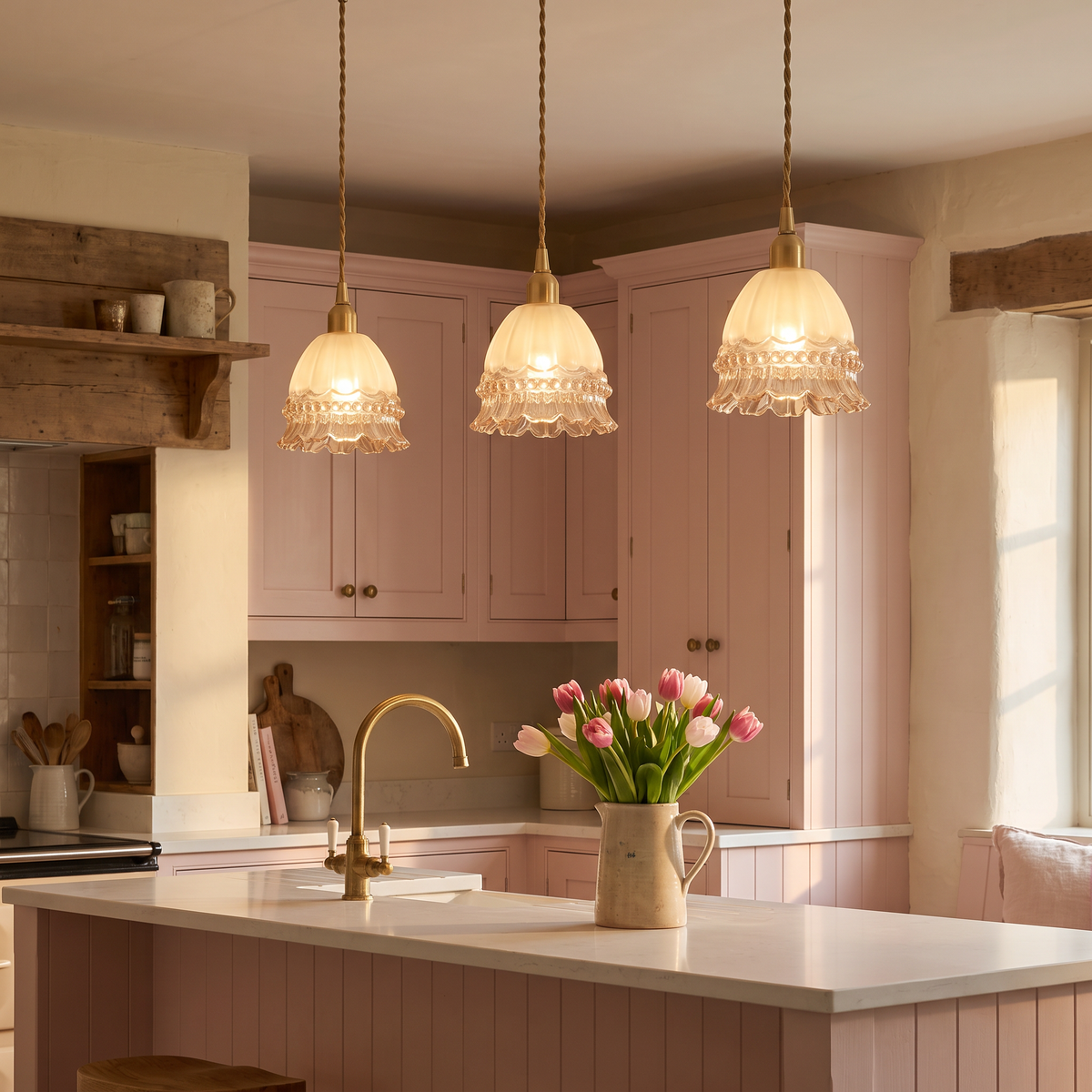 Three lit Bramfield glass bell pendants over a kitchen island