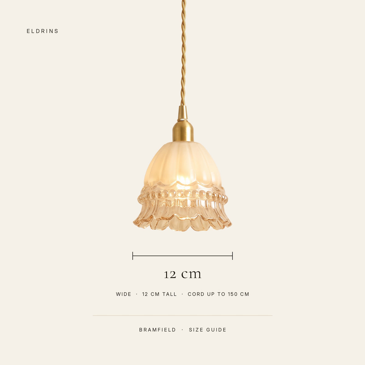 Bramfield size guide: 12 cm wide, 12 cm tall, cord up to 150 cm