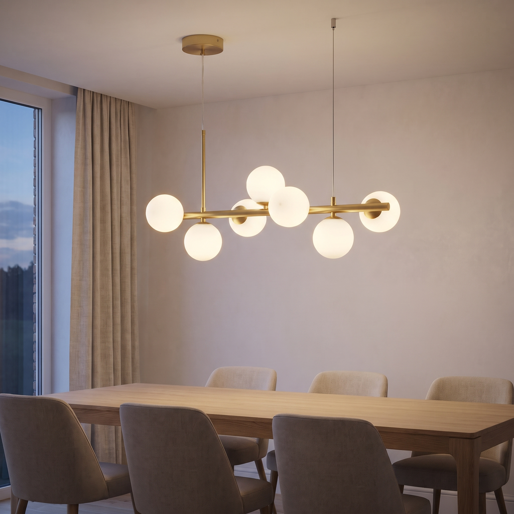 Brandeston opal glass globe chandelier lit over a long oak dining table at dusk
