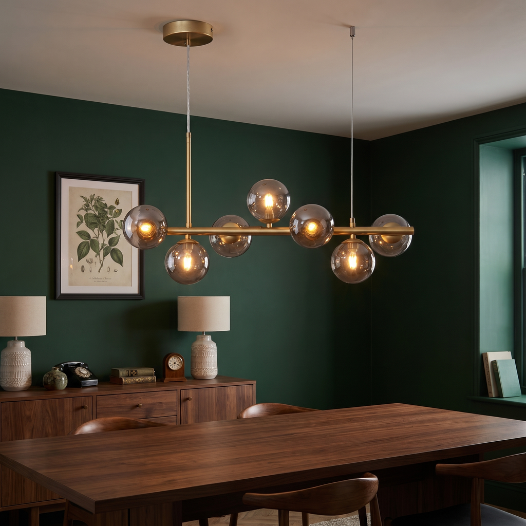 Brandeston smoked glass globe chandelier lit over a walnut dining table in a green dining room