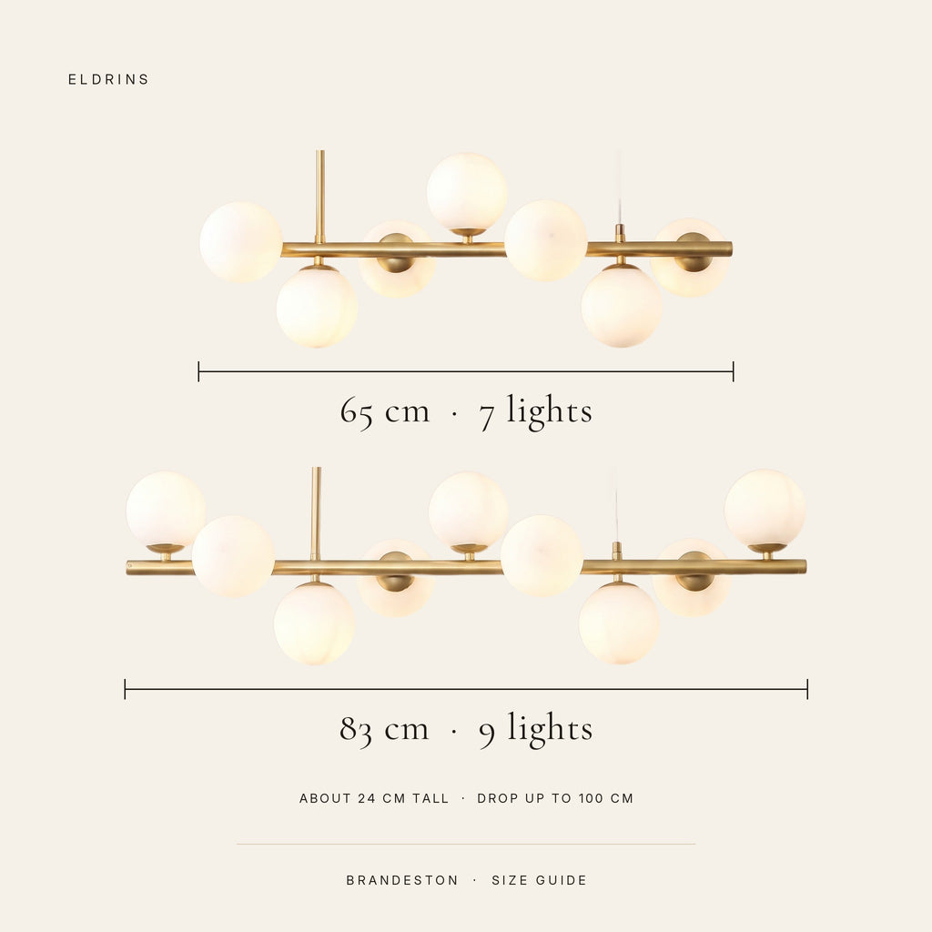 Brandeston size guide: 65 cm with 7 lights or 83 cm with 9 lights, about 24 cm tall, drop up to 100 cm