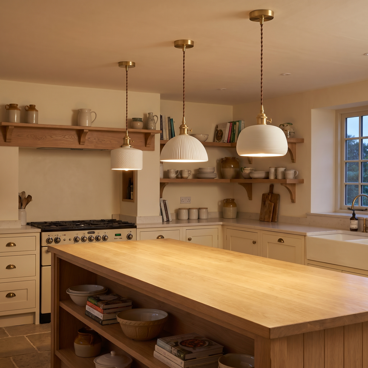 Three lit Brantham white ceramic pendant lights in different shapes over a kitchen island