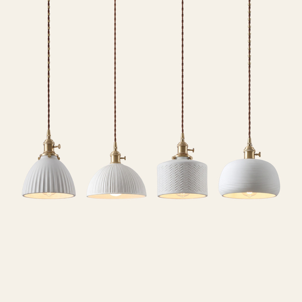 The Brantham white ceramic pendant light in its four shapes side by side