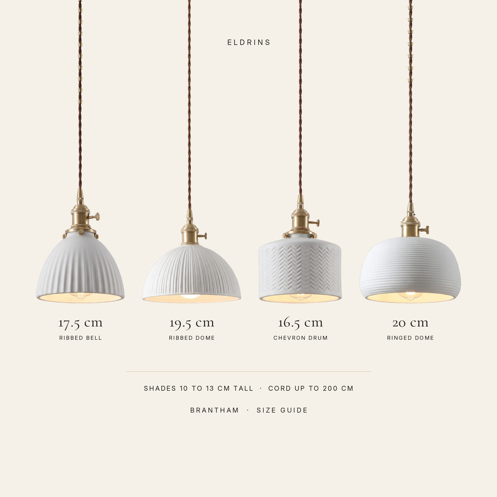 Brantham pendant light size guide: Ribbed Bell 17.5 cm, Ribbed Dome 19.5 cm, Chevron Drum 16.5 cm and Ringed Dome 20 cm wide