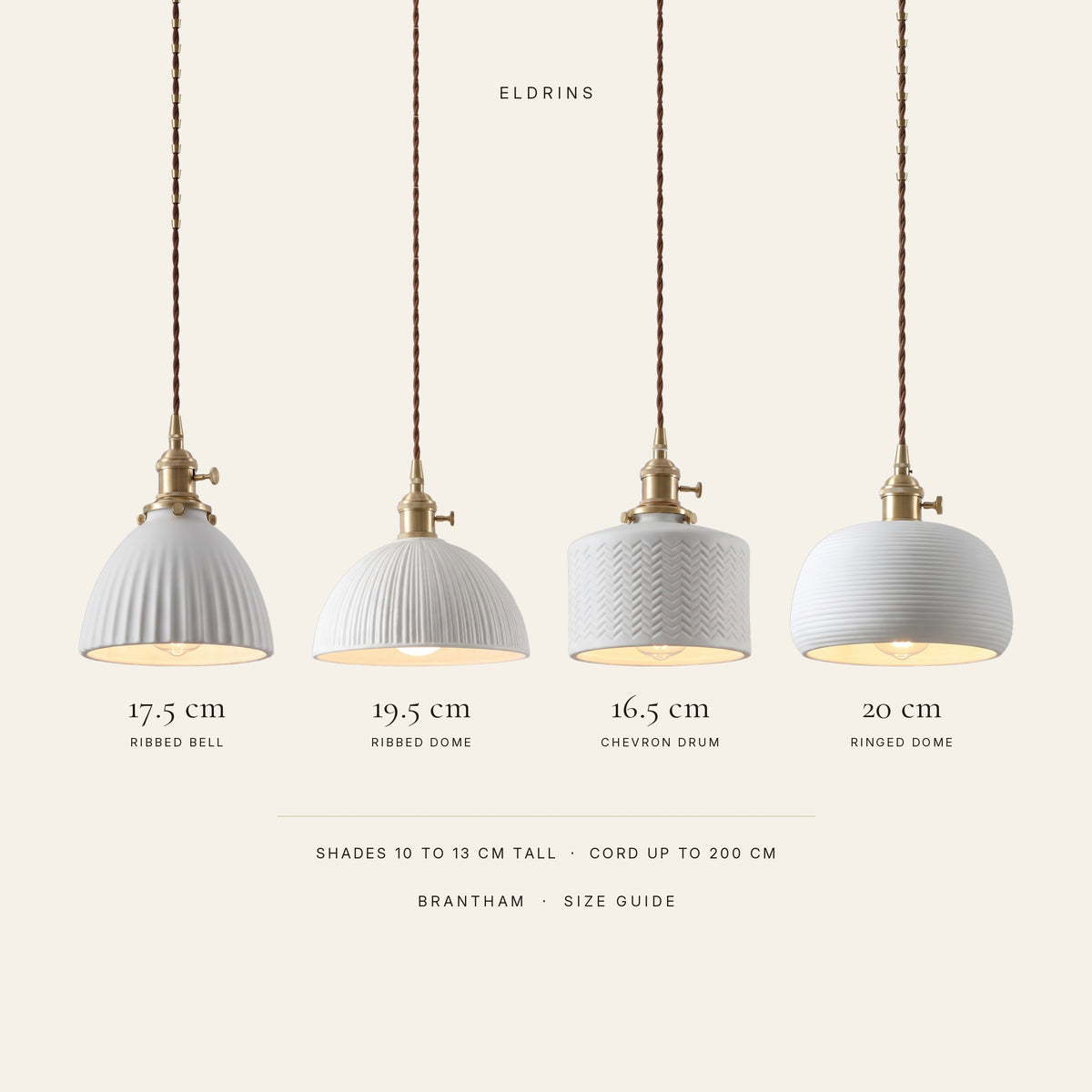 Brantham pendant light size guide: Ribbed Bell 17.5 cm, Ribbed Dome 19.5 cm, Chevron Drum 16.5 cm and Ringed Dome 20 cm wide