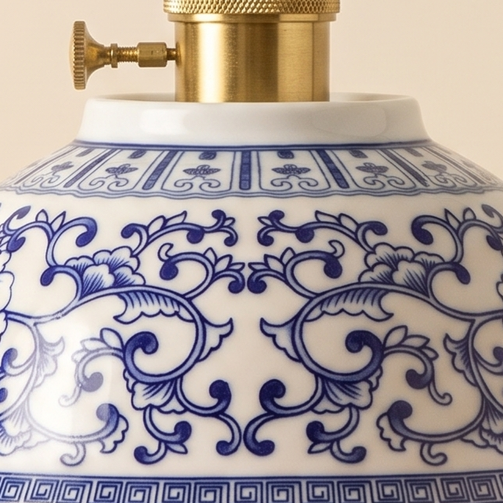 Close up of the cobalt blue flower and scroll pattern of the Bungay floral scroll bowl and its brass holder