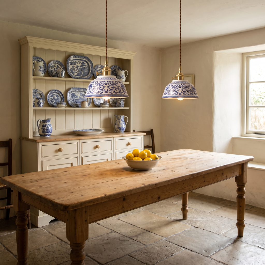 A pair of lit Bungay floral scroll pendant lights over a pine table in front of a dresser of blue and white china