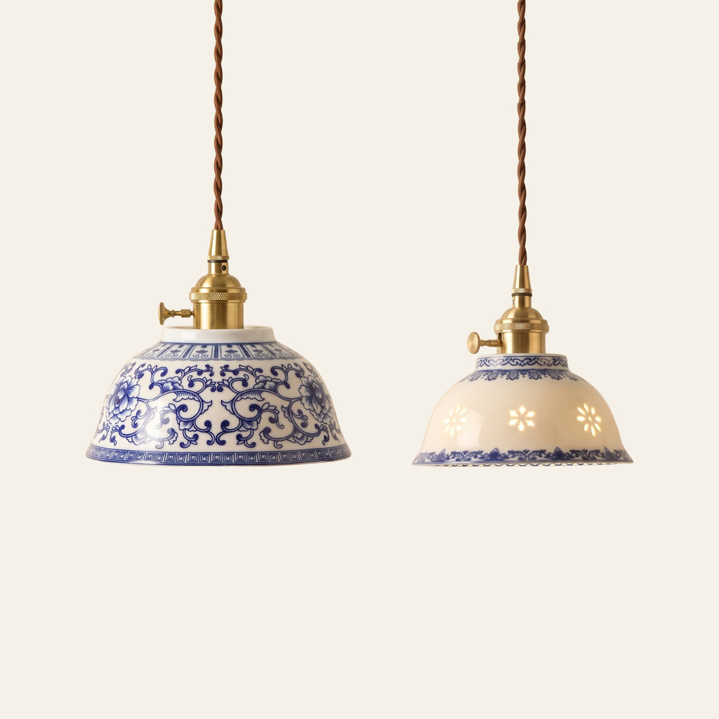The Bungay pendant light in the Floral Scroll and Rice Grain patterns side by side