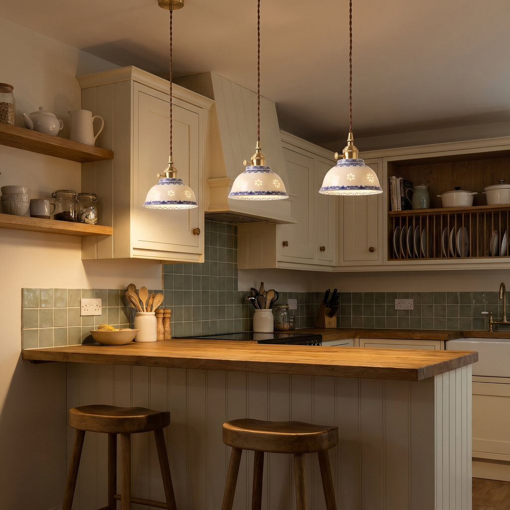 Three lit Bungay rice grain pendant lights over a breakfast bar in a cream kitchen