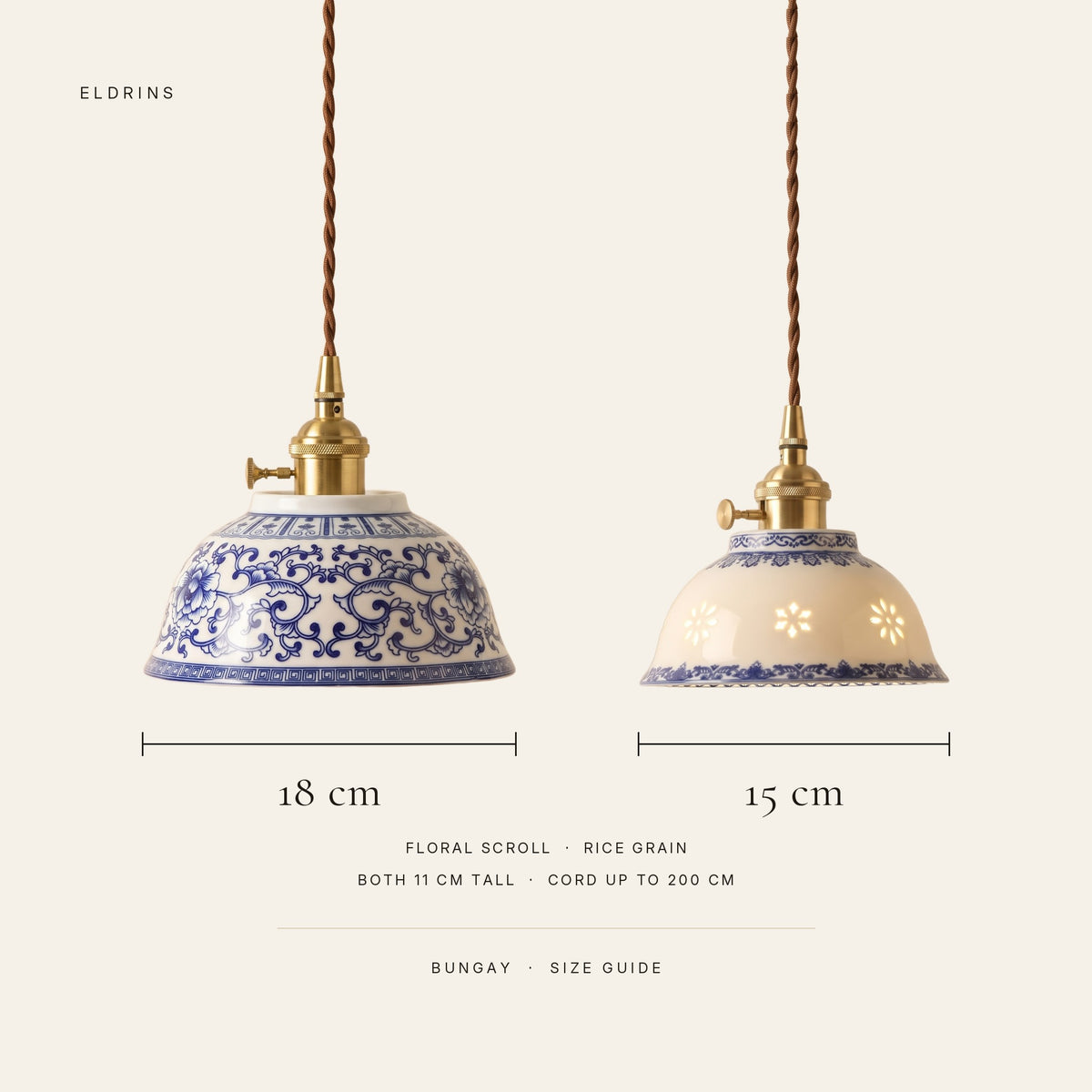 Bungay pendant light size guide: Floral Scroll 18 cm, Rice Grain 15 cm, both 11 cm tall, cord up to 200 cm