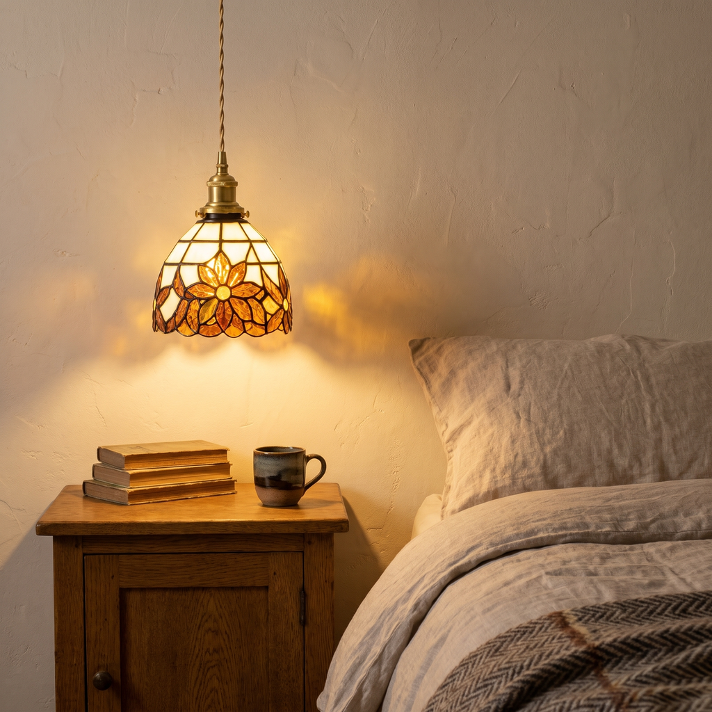 A lit Bures sunflower stained glass pendant hanging low beside a bed