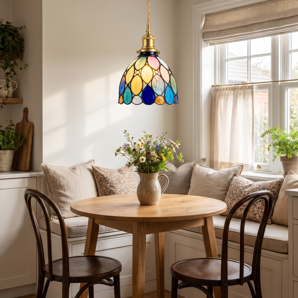 A lit Bures teardrop stained glass pendant over a round oak breakfast table