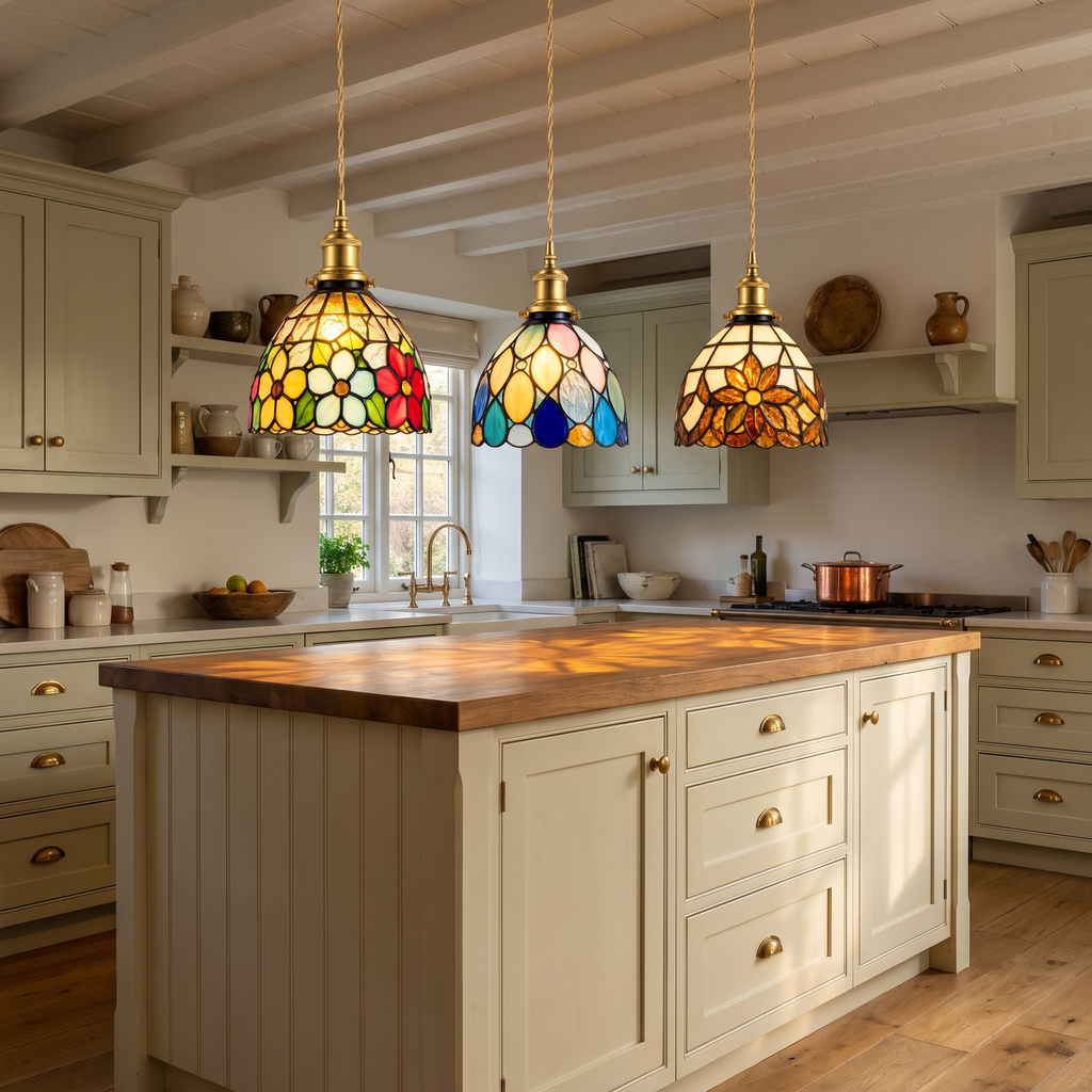 Three lit Bures stained glass pendants in the floral, teardrop and sunflower designs over a kitchen island