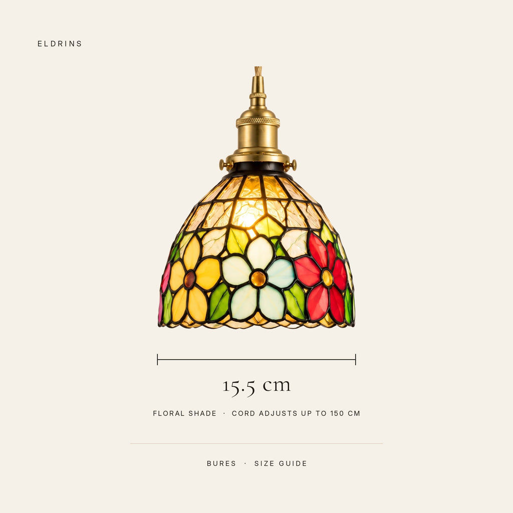 Bures pendant size guide: 15.5 cm floral shade, cord adjusts up to 150 cm