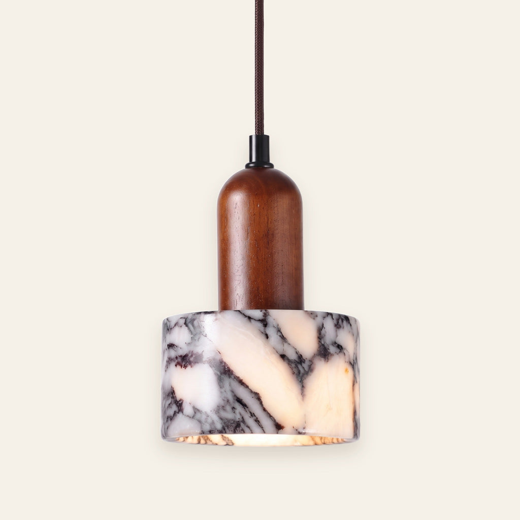 Carrow marble drum pendant with walnut cap, cream background