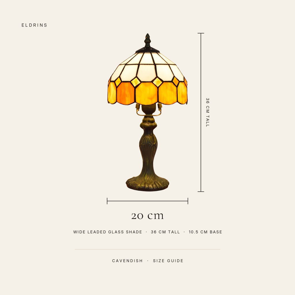 Cavendish size guide: 20 cm wide leaded glass shade, 36 cm tall, 10.5 cm base
