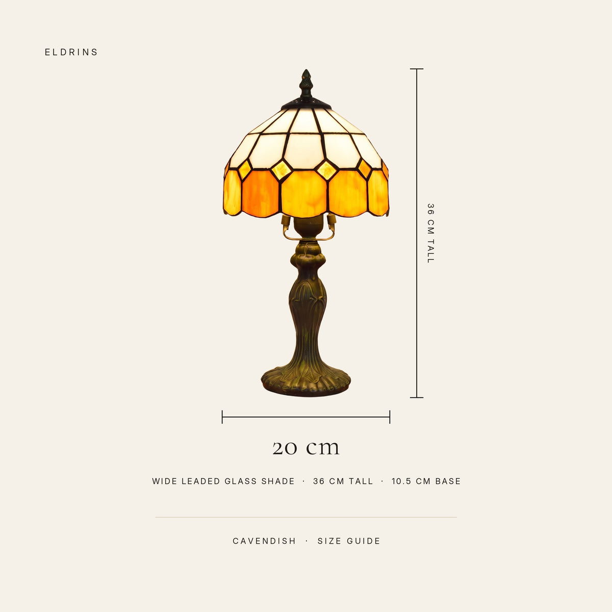 Cavendish size guide: 20 cm wide leaded glass shade, 36 cm tall, 10.5 cm base